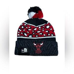 New Era Black and Red NBA Color Prints Chicago Bulls Beanie with Pom Pom